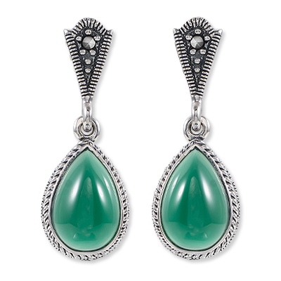 Pear Shaped Green Agate Drop Earring with Marcasite Detail