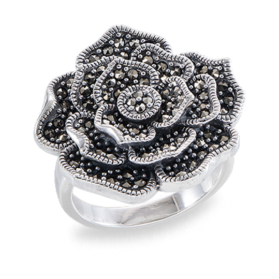 Rose Bloom Ring in Sterling Silver with Marcasite